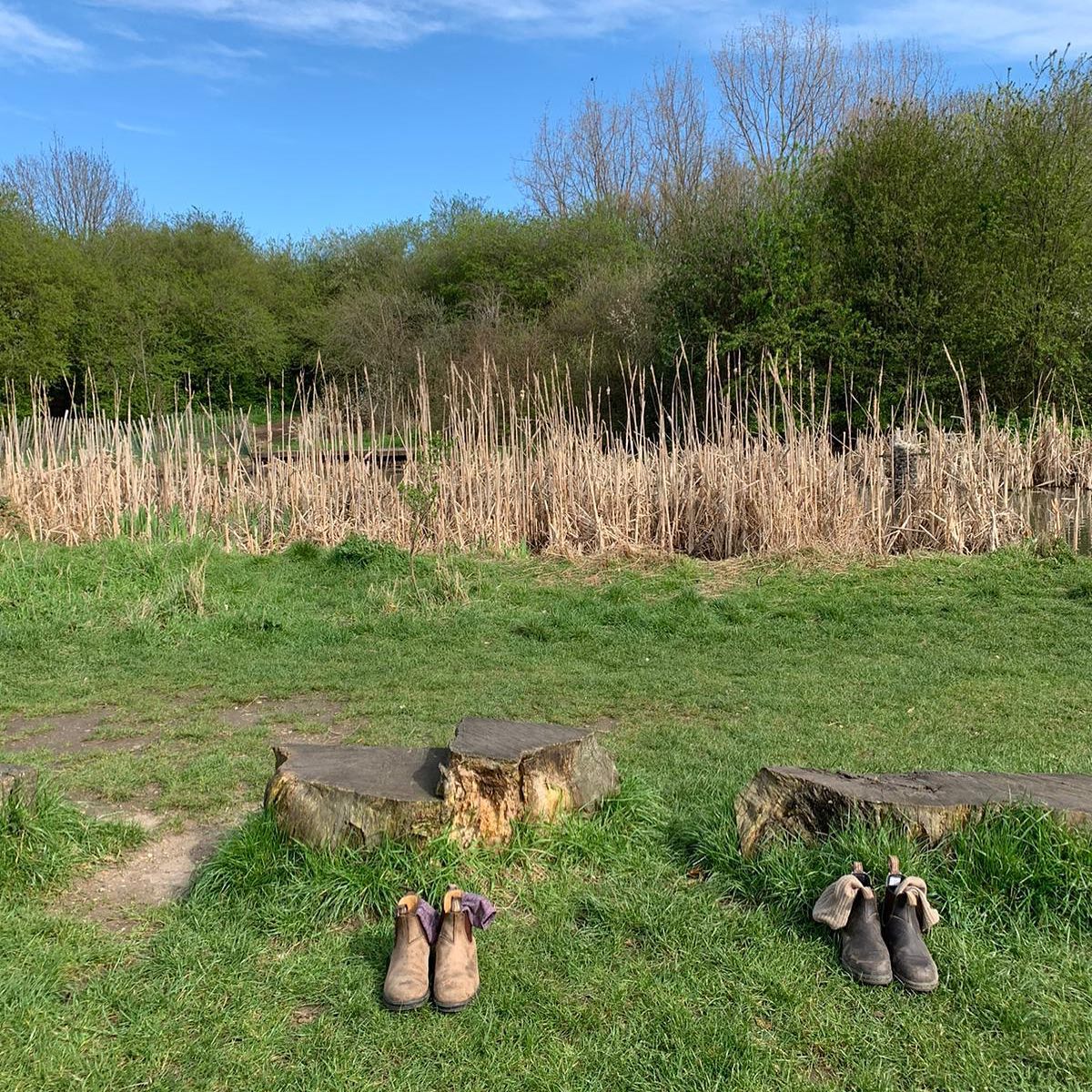 two pairs of socks and shoes placed on the ground in a field