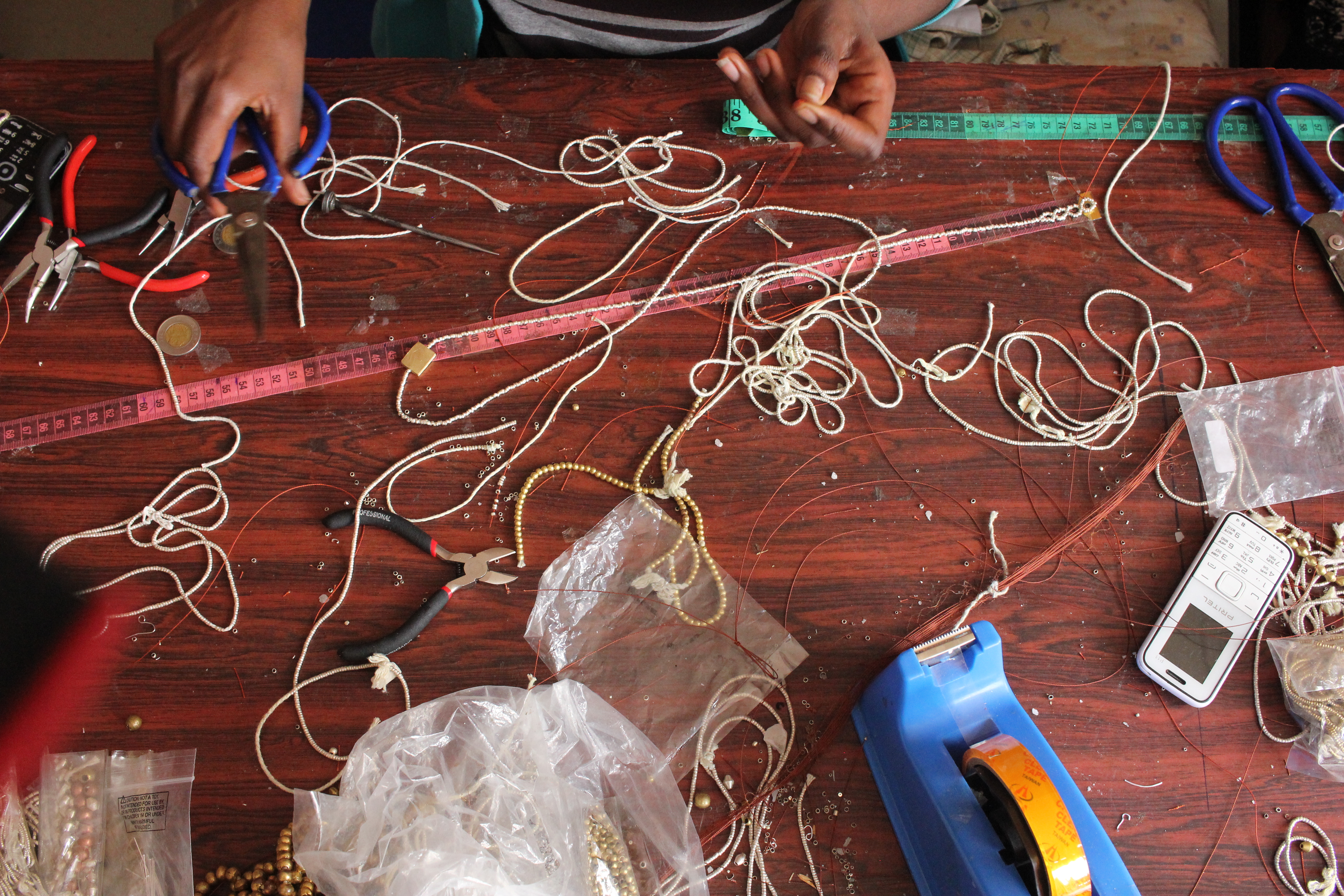 Table at the Ellilta workshop showing all the tools used to make the jewellery