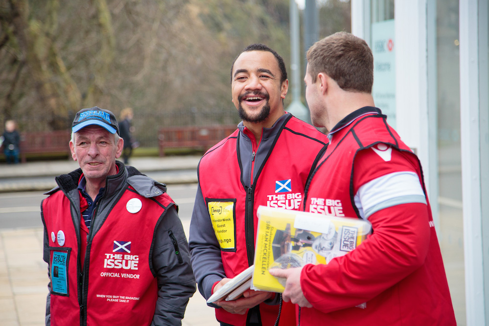 INSP Vendor Week_Edinburgh Rugby stars Nasi Manu and Allan Dell sell TBI in Edinburgh with vendor George