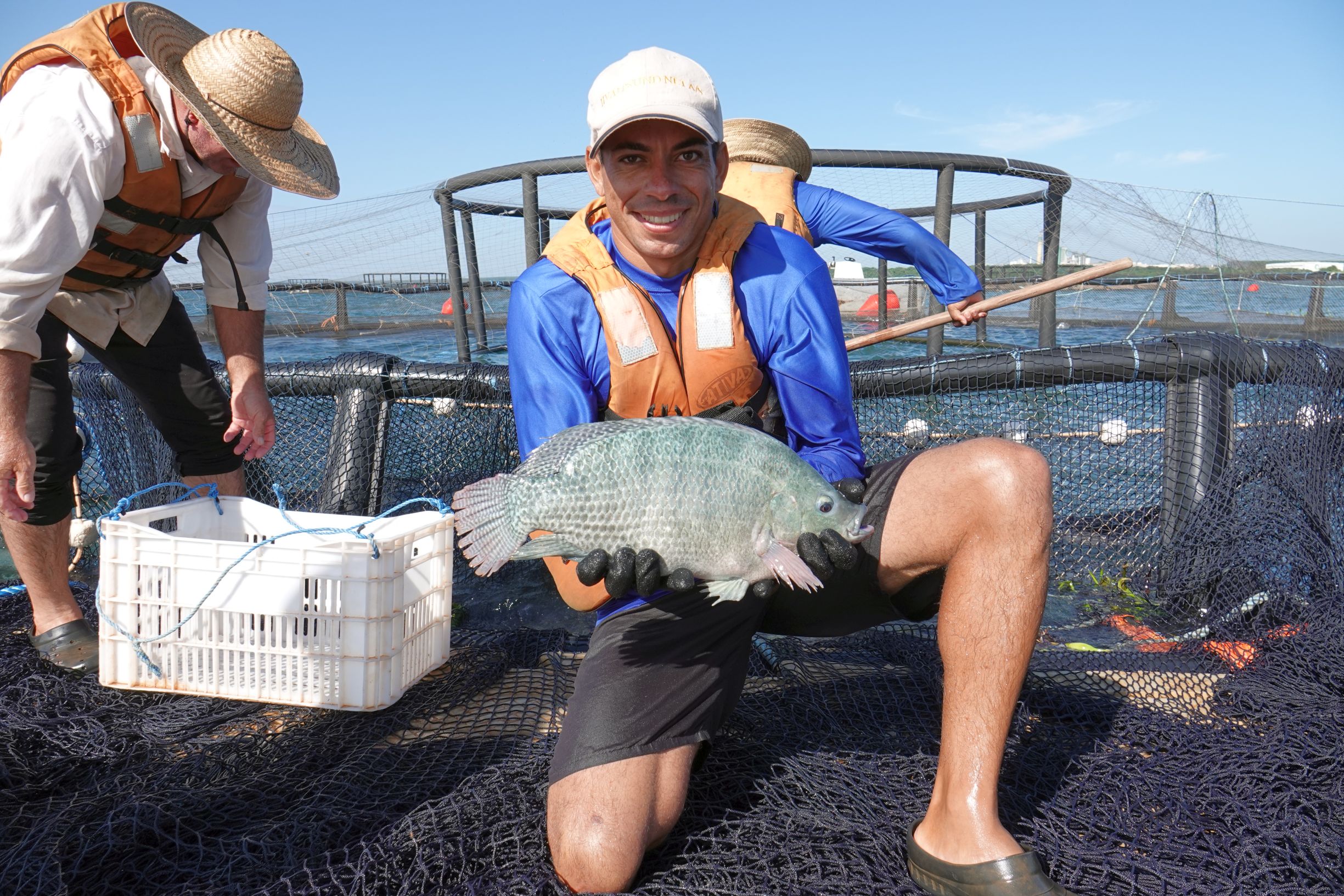 Fisherman from sustainable fish farming company Tilabras shows a fish to the camera