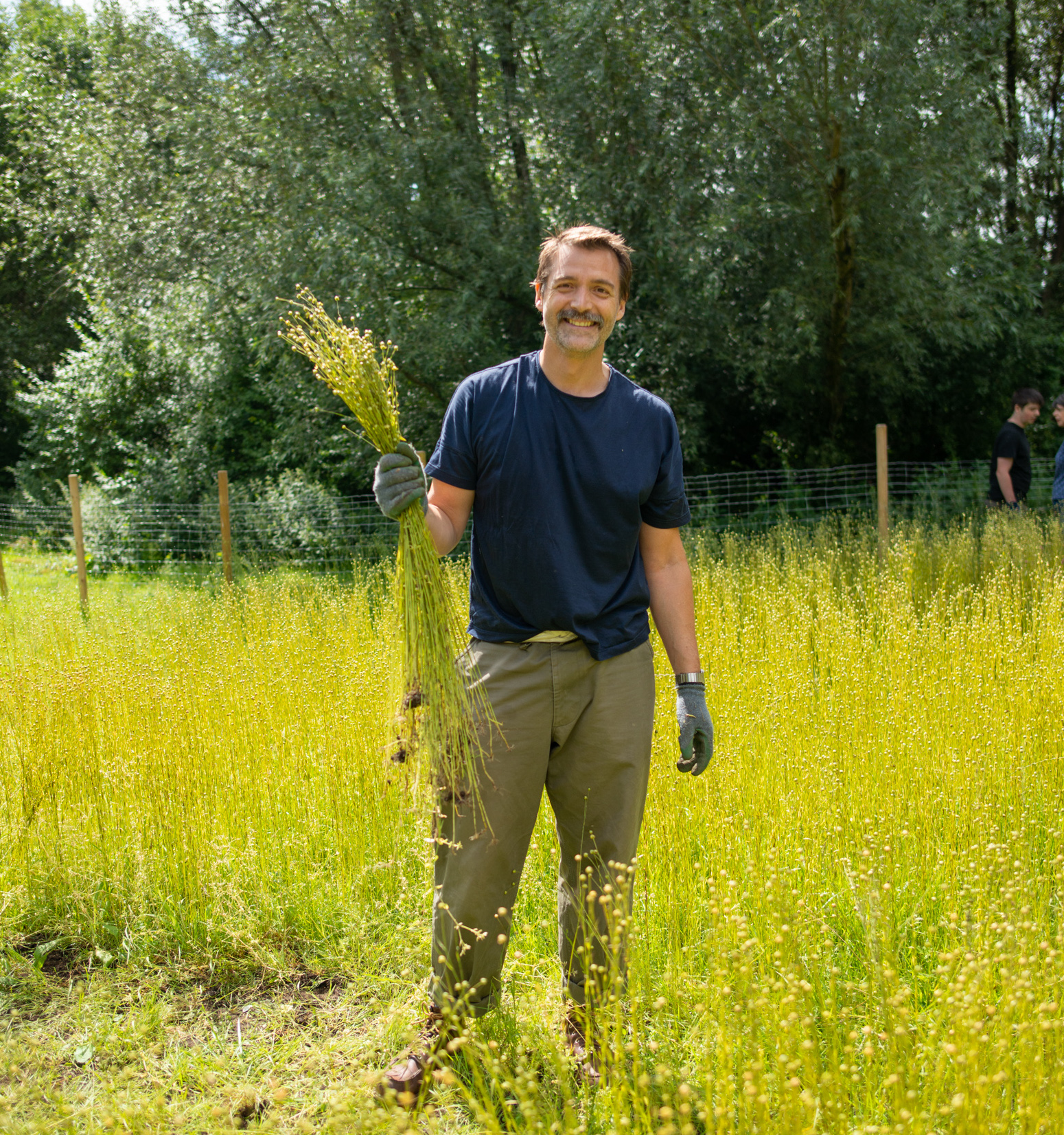 Patrick Grant in a field holding a handful of flax