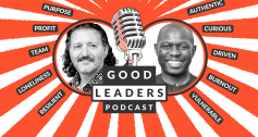 Tim West and Frank Aswani on a red and white background, with a logo saying "good leaders podcast"