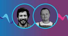 Graphic showing the portraits of Martin Cosarinsky Campos and Harry George in circles on a blue and purple background