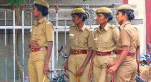 Trainee police women outside a temple