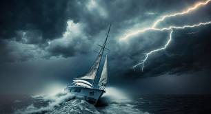 yacht sailing in storm with lightning