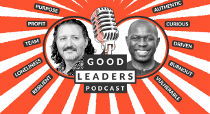 Tim West and Frank Aswani on a red and white background, with a logo saying "good leaders podcast"