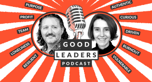 Tim West and Cathy Benwell on a red and white background with the Good Leaders Podcast logo